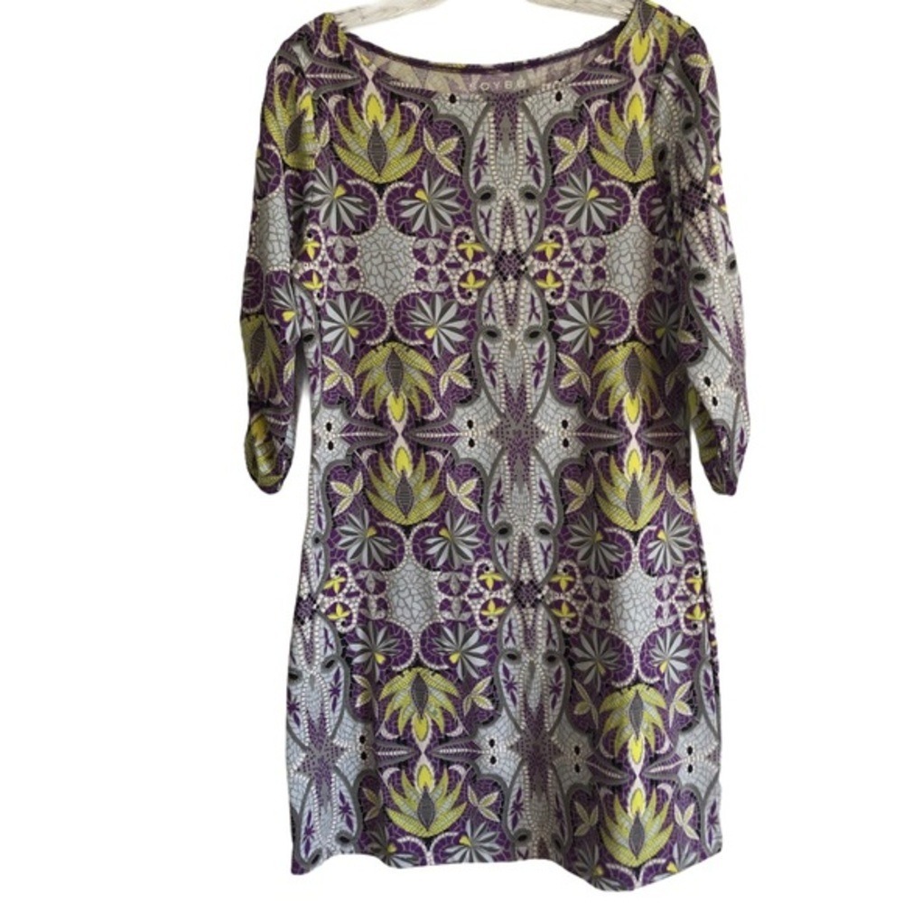 Soybu‎ Womens Purple Mosaic Print 3/4 Sleeve Shift Dress Size Medium Citron Grey